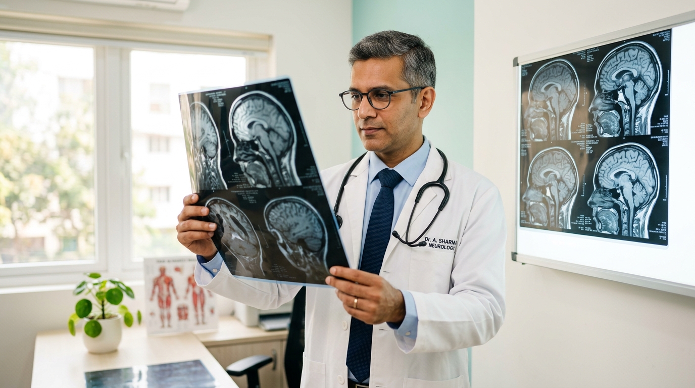 Indian neurologist examining brain MRI scan